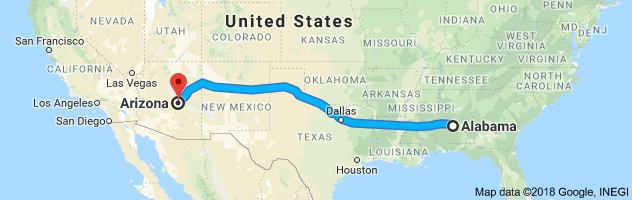 Alabama to Arizona Auto Transport Route