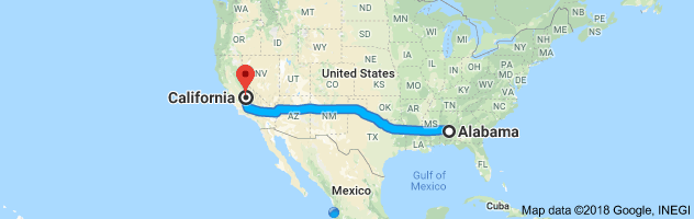 Alabama to Califormia Auto Transport Route