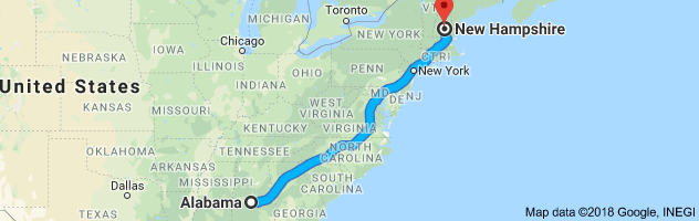 Alabama to New Hampshire Auto Transport Route