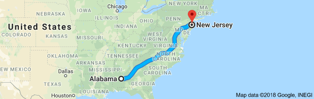Alabama to New Jersey Auto Transport Route