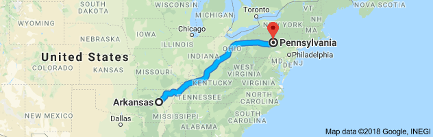 Arkansas to Pennsylvania Auto Transport Route