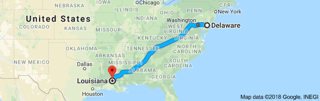 Delaware to Louisiana Auto Transport Route