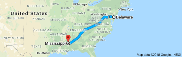 Delaware to Mississippi Auto Transport Route