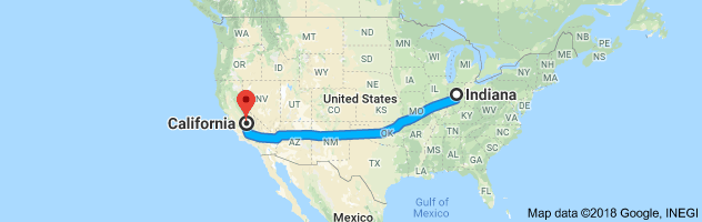 Indiana to Califormia Auto Transport Route