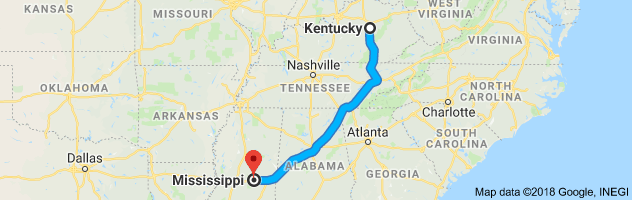 Kentucky to Mississippi Auto Transport Route
