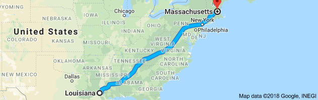Louisiana to Massachusetts Auto Transport Route