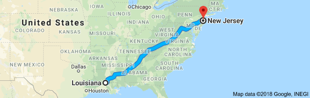 Louisiana to New Jersey Auto Transport Route