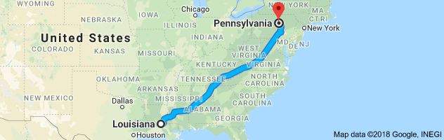 Louisiana to Pennsylvania Auto Transport Route