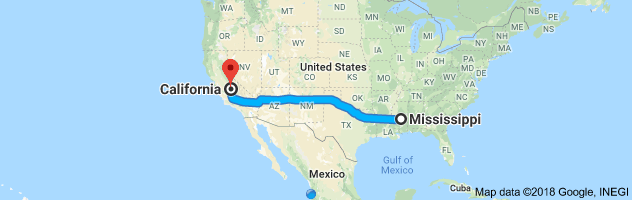 Mississippi to California Auto Transport Route