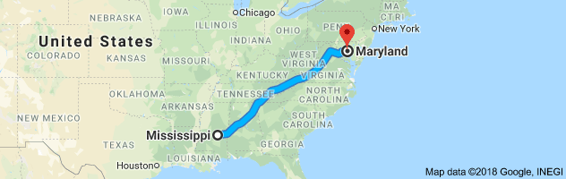 Mississippi to Maryland Auto Transport Route