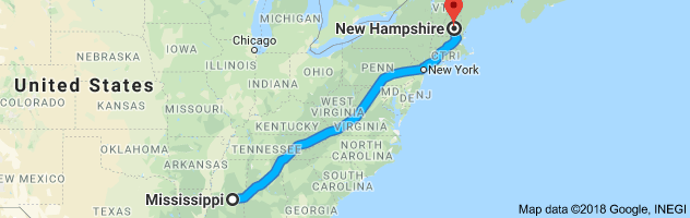 Mississippi to New Hampshire Auto Transport Route