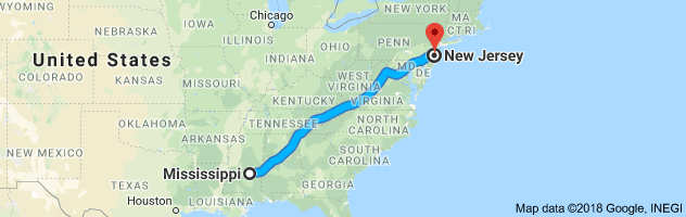 Mississippi to New Jersey Auto Transport Route
