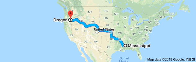 Mississippi to Oregon Auto Transport Route