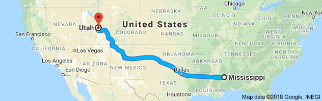 Mississippi to Utah Auto Transport Route