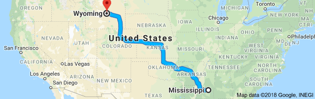 Mississippi to Wyoming Auto Transport Route