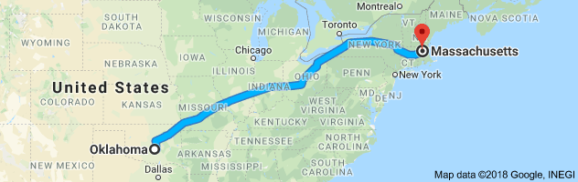 Oklahoma to Massachusetts Auto Transport Route