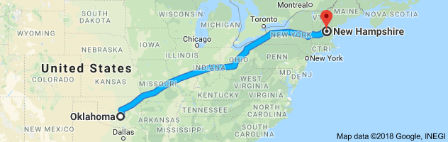 Oklahoma to New Hampshire Auto Transport Route