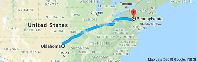 Oklahoma to Pennsylvania Auto Transport Route