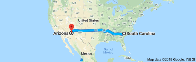 South Carolina to Arizona Auto Transport Route