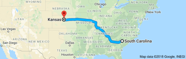 South Carolina to Kansas Auto Transport Route