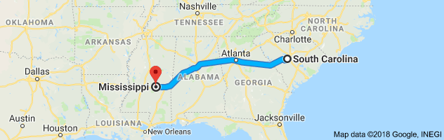 South Carolina to Mississippi Auto Transport Route