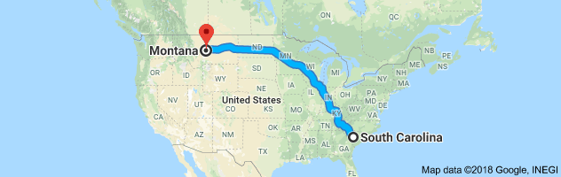 South Carolina to Montana Auto Transport Route