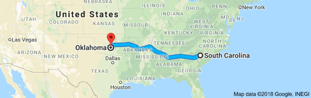 South Carolina to Oklahoma Auto Transport Route