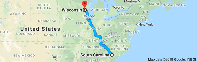 South Carolina to Wisconsin Auto Transport Route