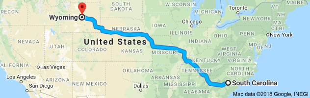South Carolina to Wyoming Auto Transport Route