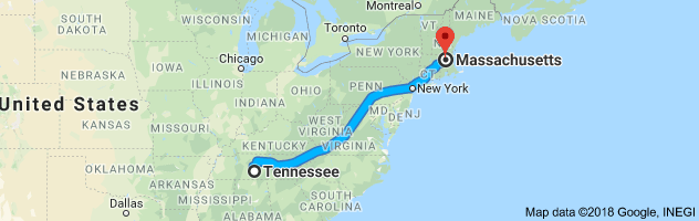 Tennessee to Massachusetts Auto Transport Route