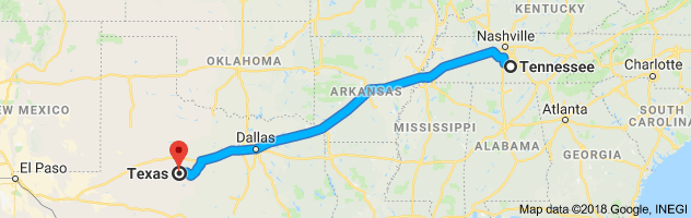 Tennessee to Texas Auto Transport Route