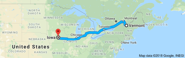 Vermont to Iowa Auto Transport Route
