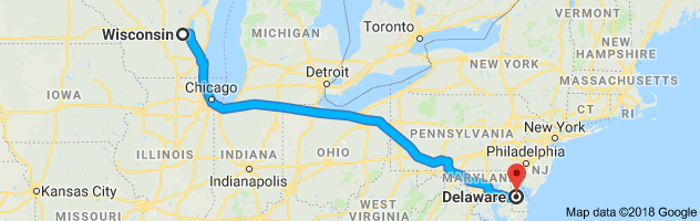 Wisconsin to Delaware Auto Transport Route