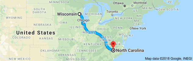 Wisconsin to North Carolina Auto Transport Route