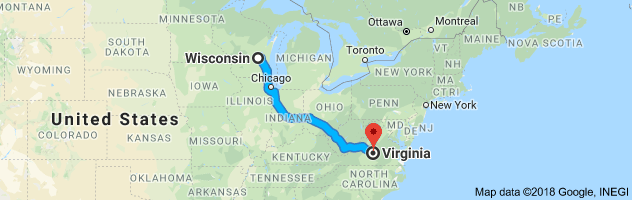 Wisconsin to Virginia Auto Transport Route